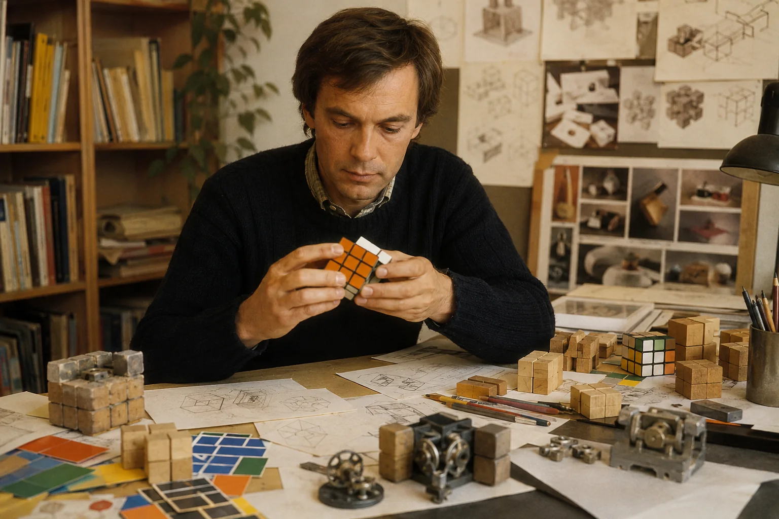 1970s European design studio with a puzzle designer studying an early colored cube beside wooden prototypes, mechanical parts, and architectural sketches.
