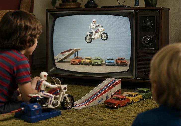 Children watching a low-angle recreation of a 1970s Evel Knievel toy commercial on television