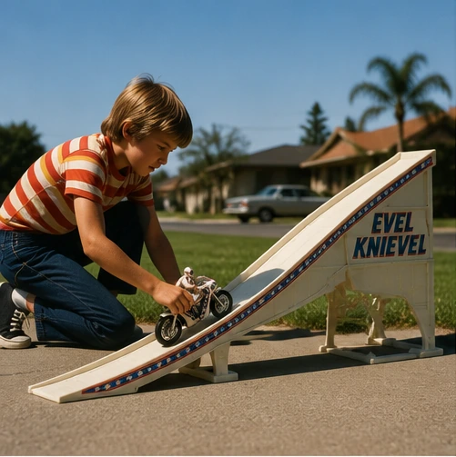 Child using an Evel Knievel toy near a homemade wooden ramp on a sunny 1970s driveway