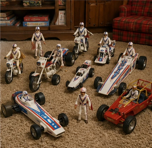 Collection of Evel Knievel motorcycles, dragsters, stunt cars and other 1970s toy vehicles