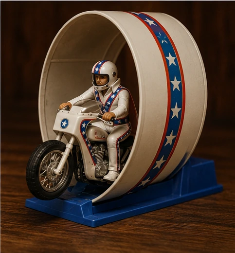 Evel Knievel toy motorcycle entering a large red white and blue loop stunt apparatus