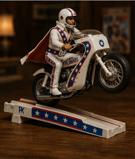 Close view of a white-suited Evel Knievel stunt figure riding a motorcycle on a display ramp