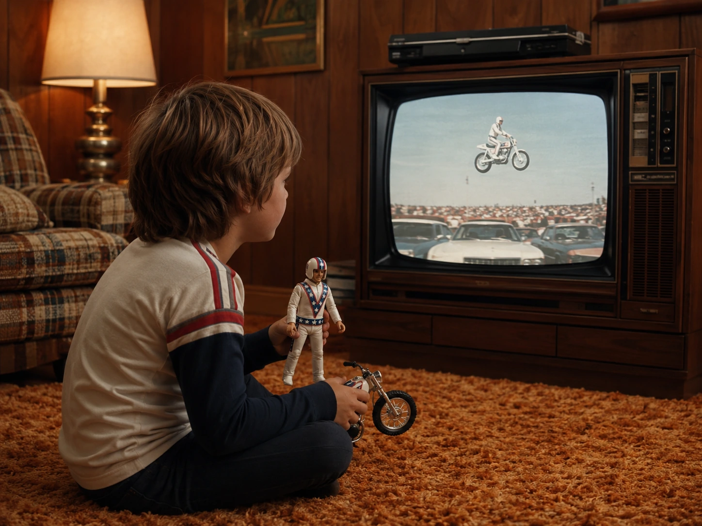 Child watching a motorcycle daredevil on a wood-console television while holding an Evel Knievel toy figure