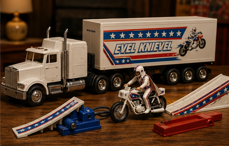 Evel Knievel transport truck, motorcycle, launcher and ramps arranged like a 1970s catalog display