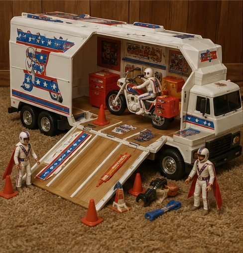 Evel Knievel Scramble Van playset opened with motorcycles, figures, ramps and equipment