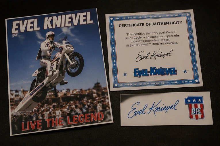 Evel Knievel poster, authenticity certificate and collector materials displayed together