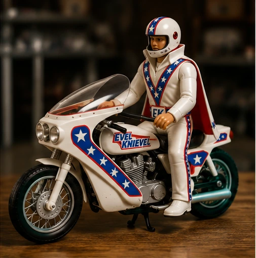 Complete Evel Knievel stunt motorcycle and figure display representing the mid-1970s toy line