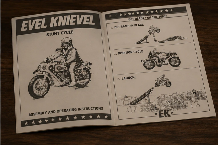 Open Evel Knievel Stunt Cycle instruction booklet showing motorcycle and ramp diagrams