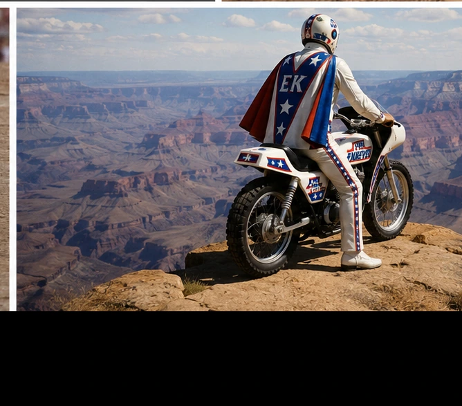 Vintage Evel Knievel helmet, motorcycle, framed jump photograph and trophy displayed together