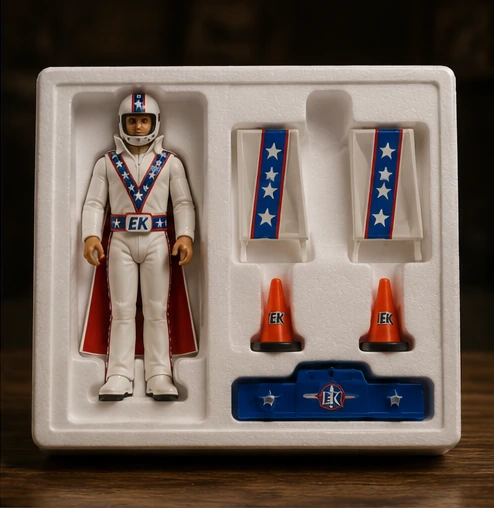 Evel Knievel figure and accessories arranged in a molded tray with several empty spaces