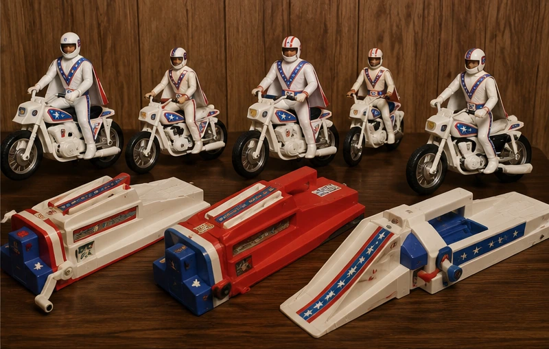 Several vintage-style Evel Knievel motorcycles, figures and hand-cranked launchers displayed together