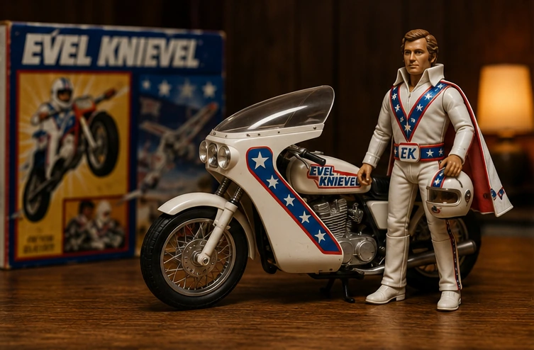 Vintage-style Evel Knievel Stunt Cycle box beside a motorcycle, figure and helmet