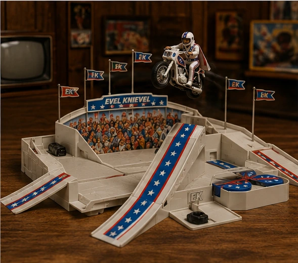 Large Evel Knievel stunt stadium display with ramps, motorcycle and audience graphics
