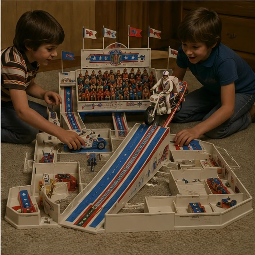 Children operating an Evel Knievel Stunt Stadium playset with ramps and spectators