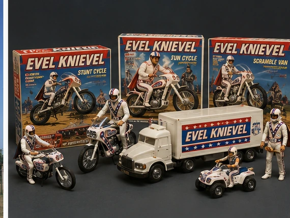 Late-1970s Evel Knievel toy collection with motorcycles, truck, figures and boxed sets