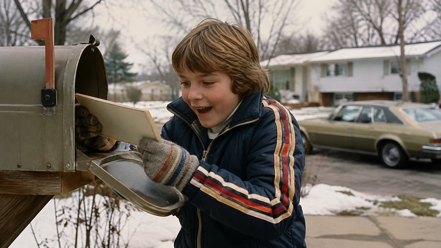 Excited child checking a suburban mailbox in winter while waiting for mail-away action figures