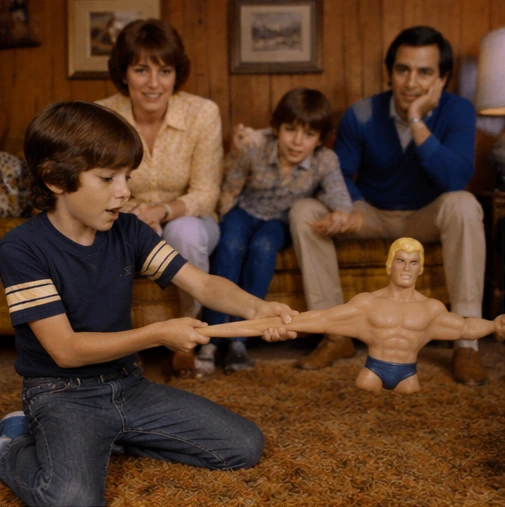 Child carefully making the first pull on Stretch Armstrong while parents watch from a 1970s sofa