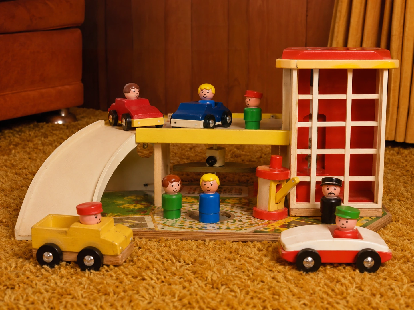 Classic Fisher-Price Action Garage with cars, ramps, elevator and peg figures