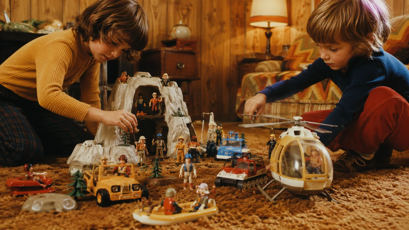 Fisher-Price Adventure People rescue workers, construction crews, vehicles and a helicopter forming a busy miniature world