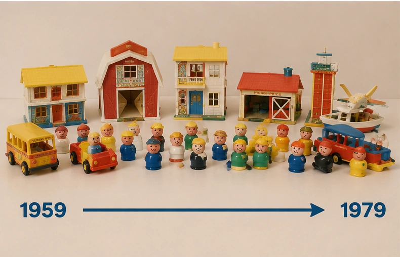 Vintage-style display of Little People figures, vehicles and playsets representing the line from 1959 through 1979