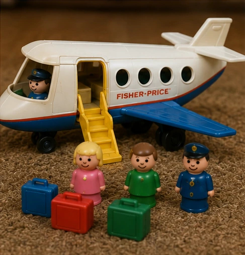 Little People pilot and passengers beside a vintage-style airplane with removable luggage