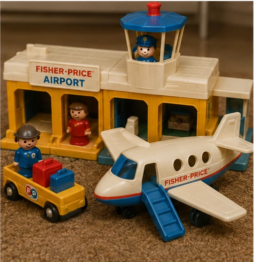 Later-style Little People airplane, airport terminal, workers and passengers