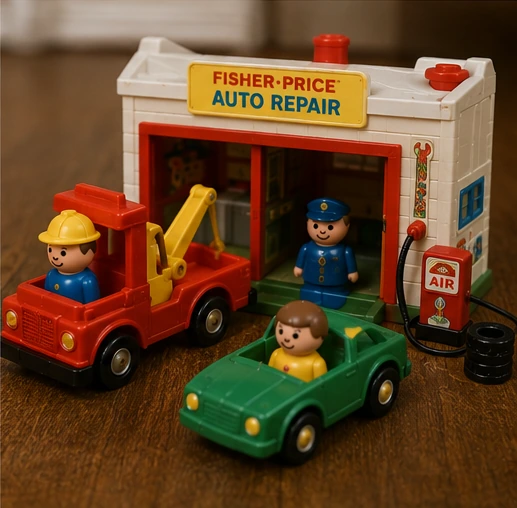 Little People auto-repair garage with printed graphics, pump, vehicles and figures