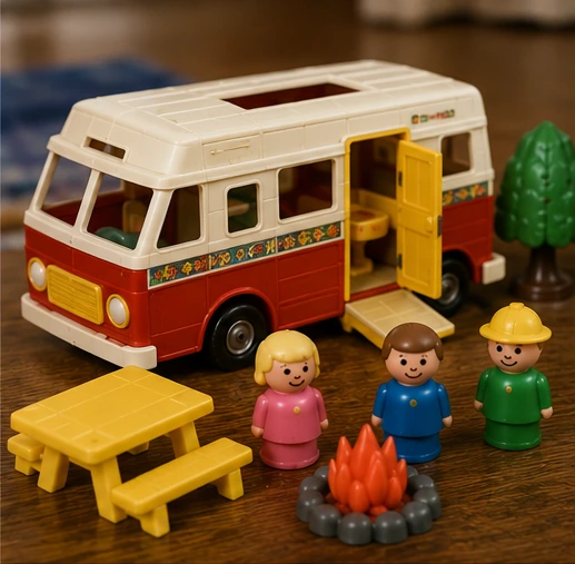 Little People camper scene with family figures, picnic table and campfire