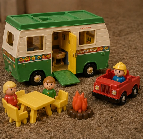Complete vintage-style Little People camper with family figures, picnic furniture and campfire