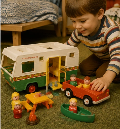 Child playing with a vintage-style Little People camper, family car, picnic table and canoe