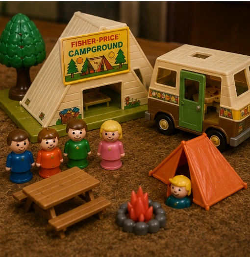 Later-style Little People campground with camper, tent, picnic table and campfire