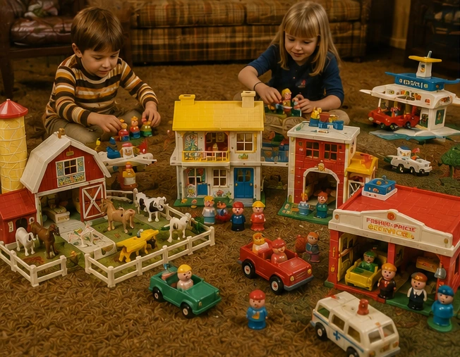 Children playing with a large carpet-level Fisher-Price Little People town made from several connected playsets