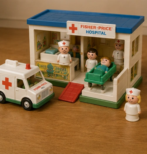 Complete vintage-style Little People Children's Hospital with ambulance, beds, doctors and patients