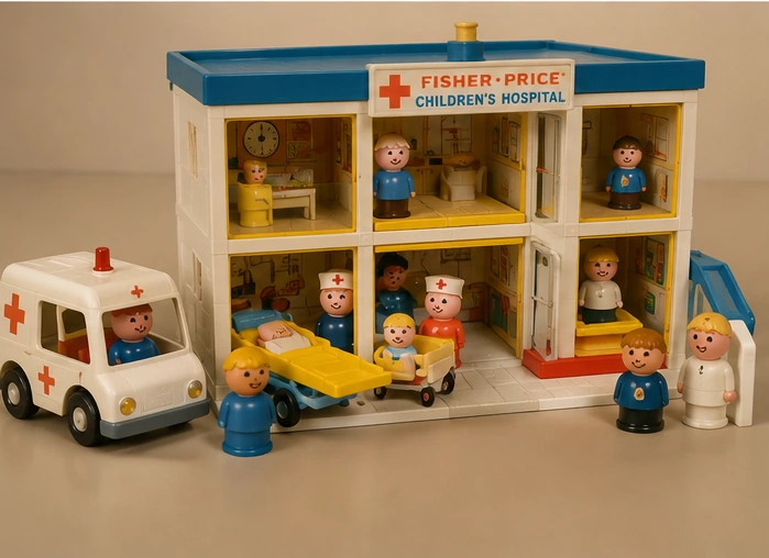 Little People Children's Hospital with doctors, nurses, patients, beds and ambulance