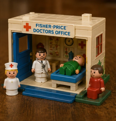 Vintage-style Little People doctor's office with doctor, nurse, patient and visitor