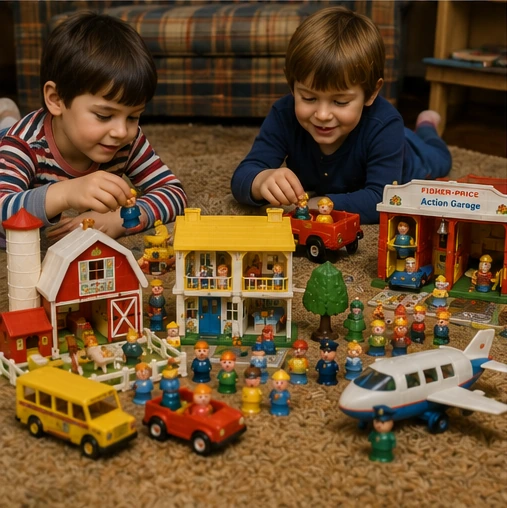 Children playing with a large, well-used but intact Little People collection in a family room
