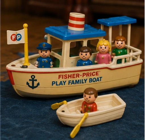 Little People family aboard a vintage-style boat with a smaller rowboat
