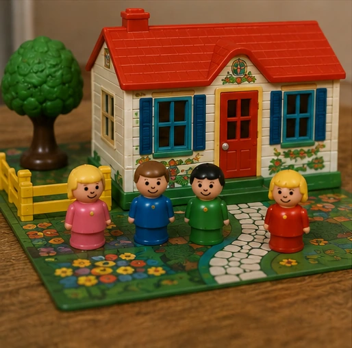 Vintage-style Little People family house showing roof, door, printed floor and figures