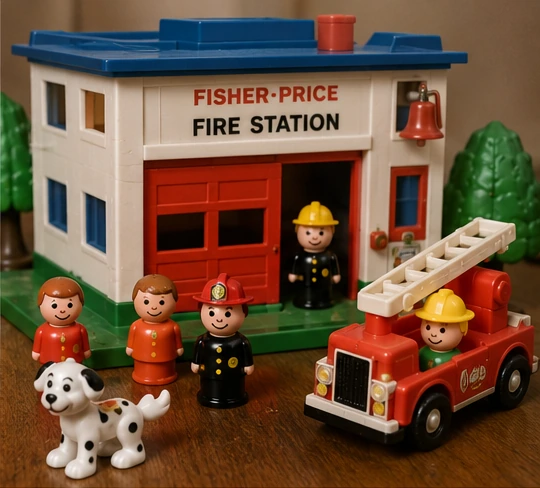 Complete vintage-style Little People fire station with ladder truck, figures, bell and dog