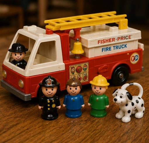 Little People fire truck with ladder, bell, firefighters and dog