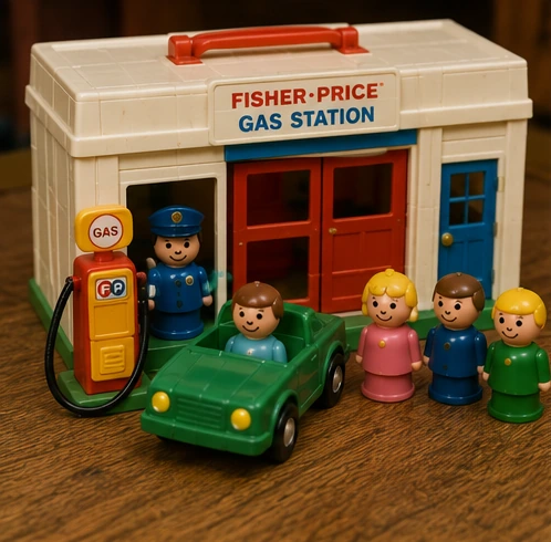 Little People gas station with garage doors, pump, car and community figures