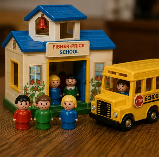 Vintage-style Little People school, bus, students and teacher figures