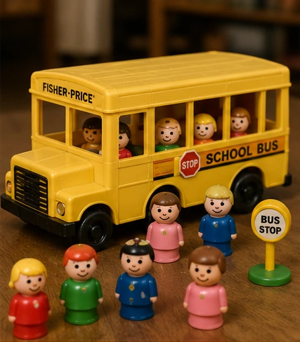 Vintage-style Little People school bus displayed with students and community figures