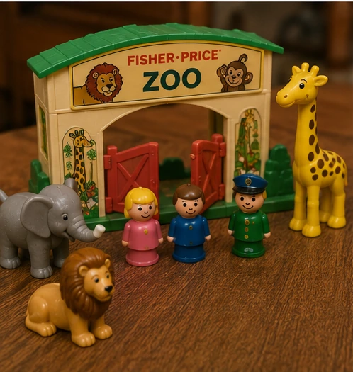 Little People zoo entrance with family figures, giraffe, elephant and lion