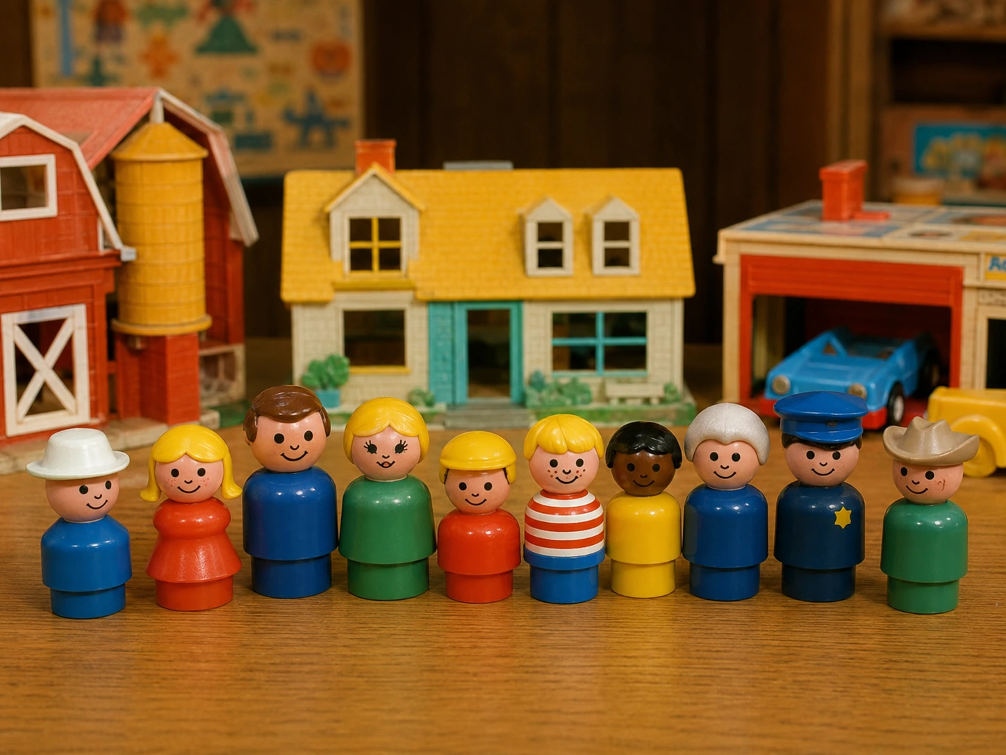 Classic Play Family figures displayed in front of a Farm, House and Garage
