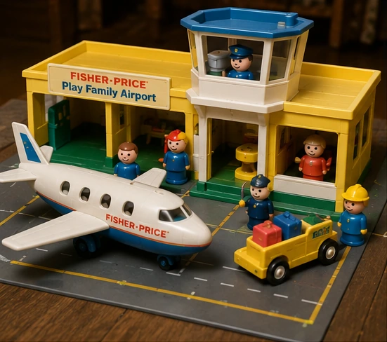 Complete vintage-style Play Family Airport with terminal, airplane, pilot, passengers and luggage