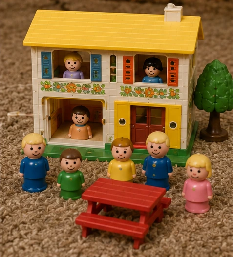 Complete vintage-style Play Family House with family figures, car, tree and furniture