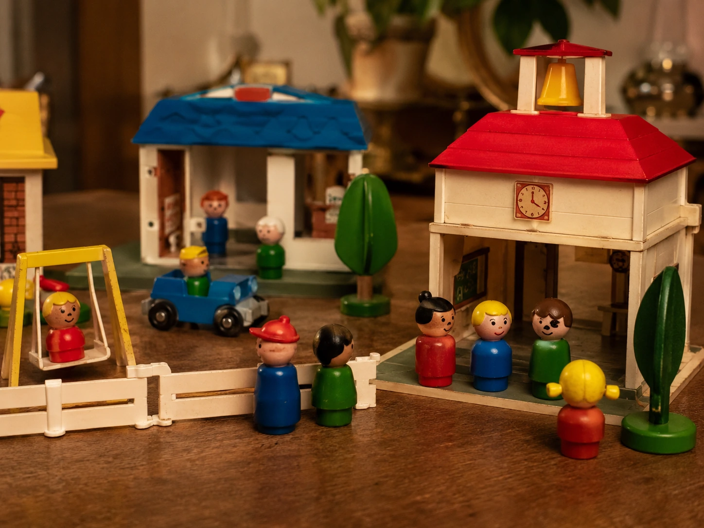 Vintage-style Play Family School with teacher, students, school bell and playground