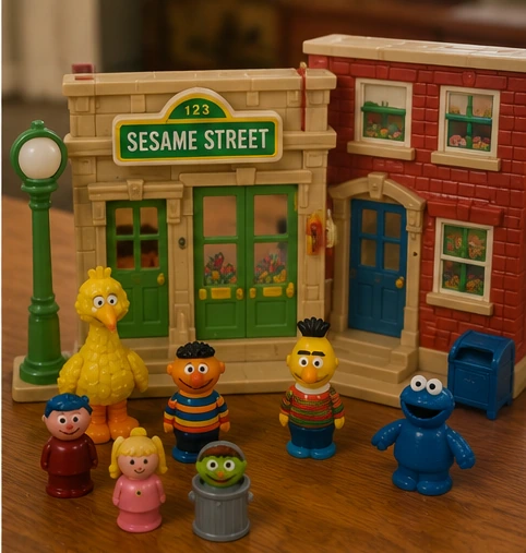 Vintage-style Fisher-Price Sesame Street neighborhood with chunky television-character figures