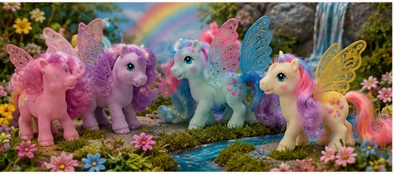 Slim pastel Flutter Ponies with large translucent butterfly-style wings posed in a floral fantasy valley with light shining through the wings.